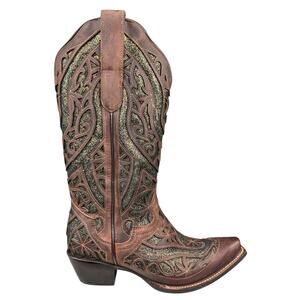 J.B. Dillon Women’s Brown Leather Glitter Green Inlay Cowgirl Boots Size US 7.5